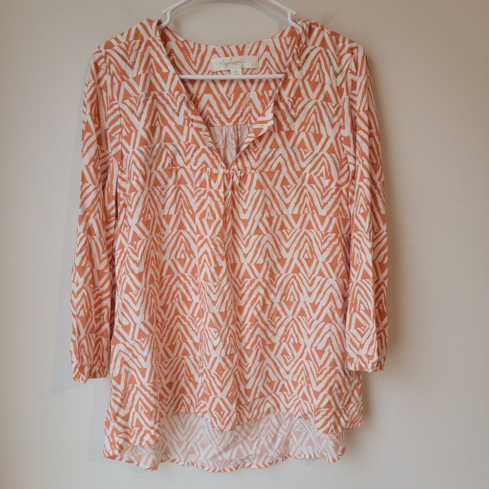 Magnolia Grace Womens Top Size Medium Geometric Beaded‎ Orange And White Blouse